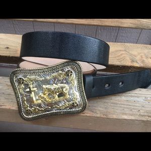 34/" Silver and Brown Men/'s Leather Belt Canyon Outback Western Fancy 42/"